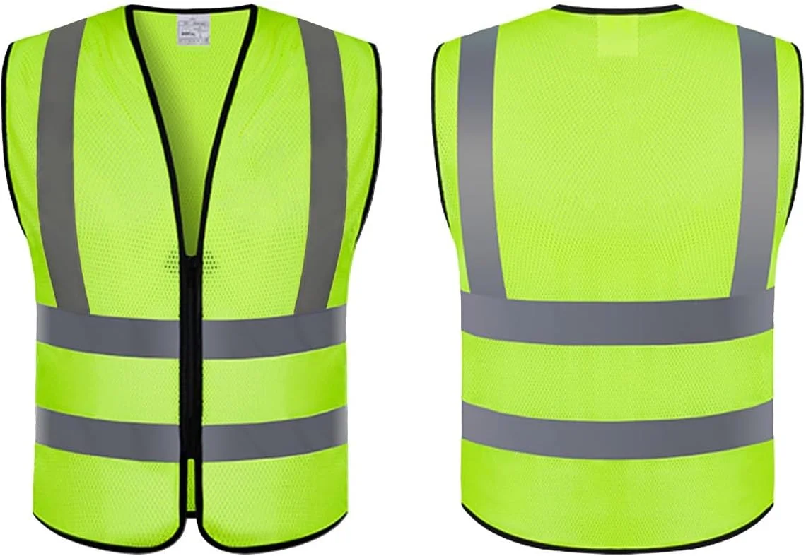 جلیقه ایمنی دید بالا - ژاکت توری بازتابنده با زیپ و بست صدف، مطابق با استاندارد، سبک و قابل تنفس برای ساخت و ساز، کار جاده، دوچرخه سواری، دویدن