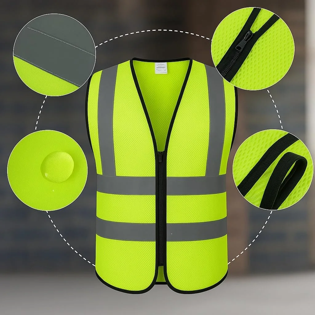جلیقه ایمنی دید بالا - ژاکت توری بازتابنده با زیپ و بست صدف، مطابق با استاندارد، سبک و قابل تنفس برای ساخت و ساز، کار جاده، دوچرخه سواری، دویدن