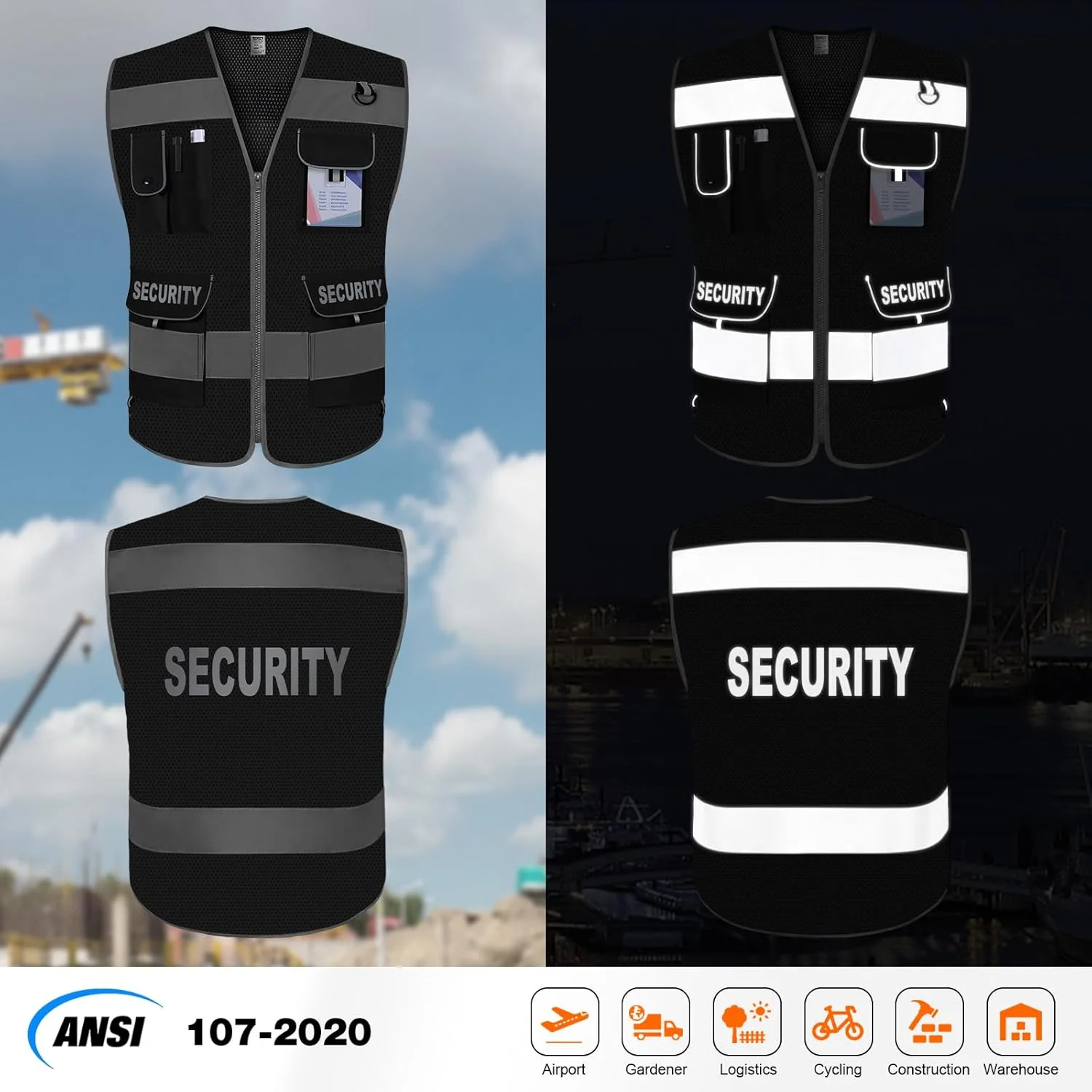 جلیقه ایمنی TCCFCCT برای نگهبانی، 9 جیب، جلیقه ایمنی دید بالا