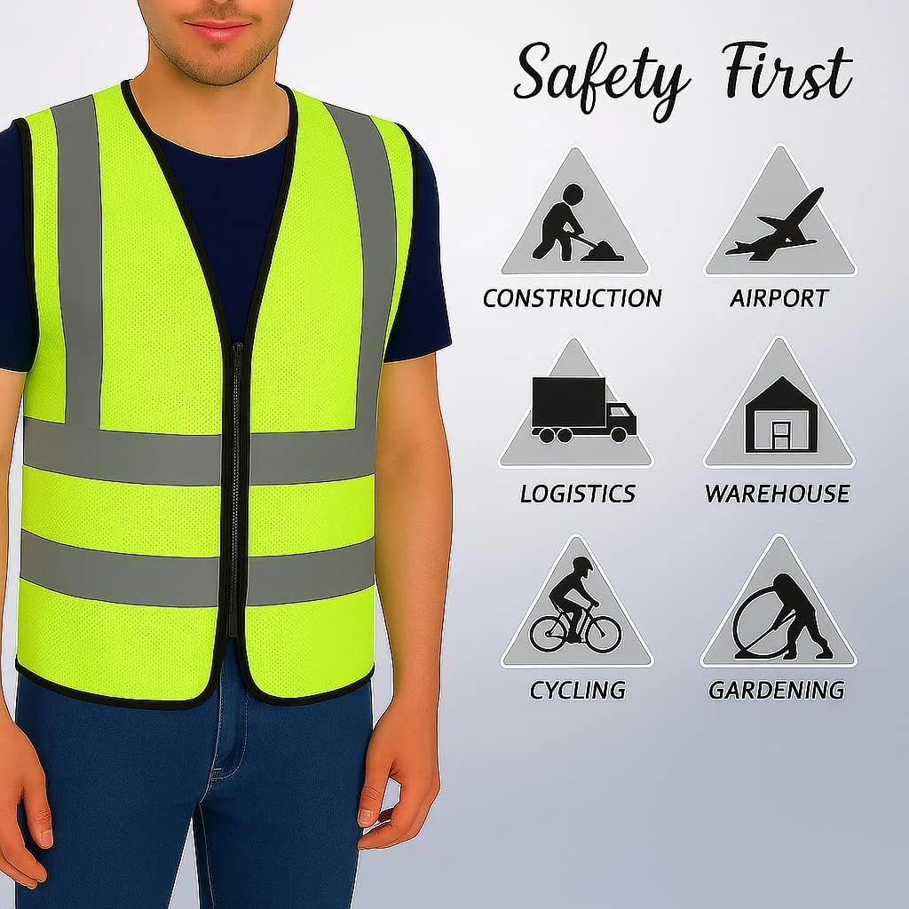 جلیقه ایمنی دید بالا - ژاکت توری بازتابنده با زیپ و بست صدف، مطابق با استاندارد، سبک و قابل تنفس برای ساخت و ساز، کار جاده، دوچرخه سواری، دویدن