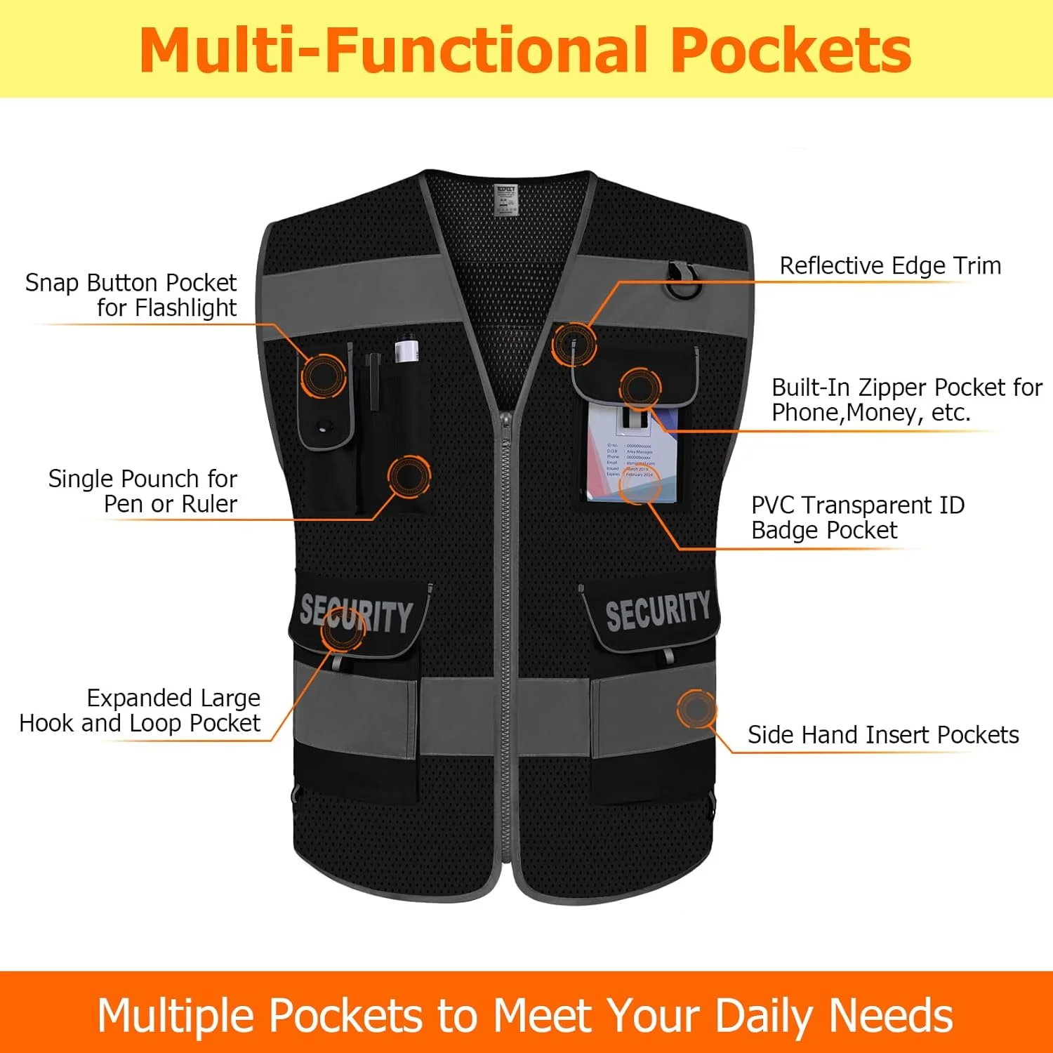 جلیقه ایمنی TCCFCCT برای نگهبانی، 9 جیب، جلیقه ایمنی دید بالا