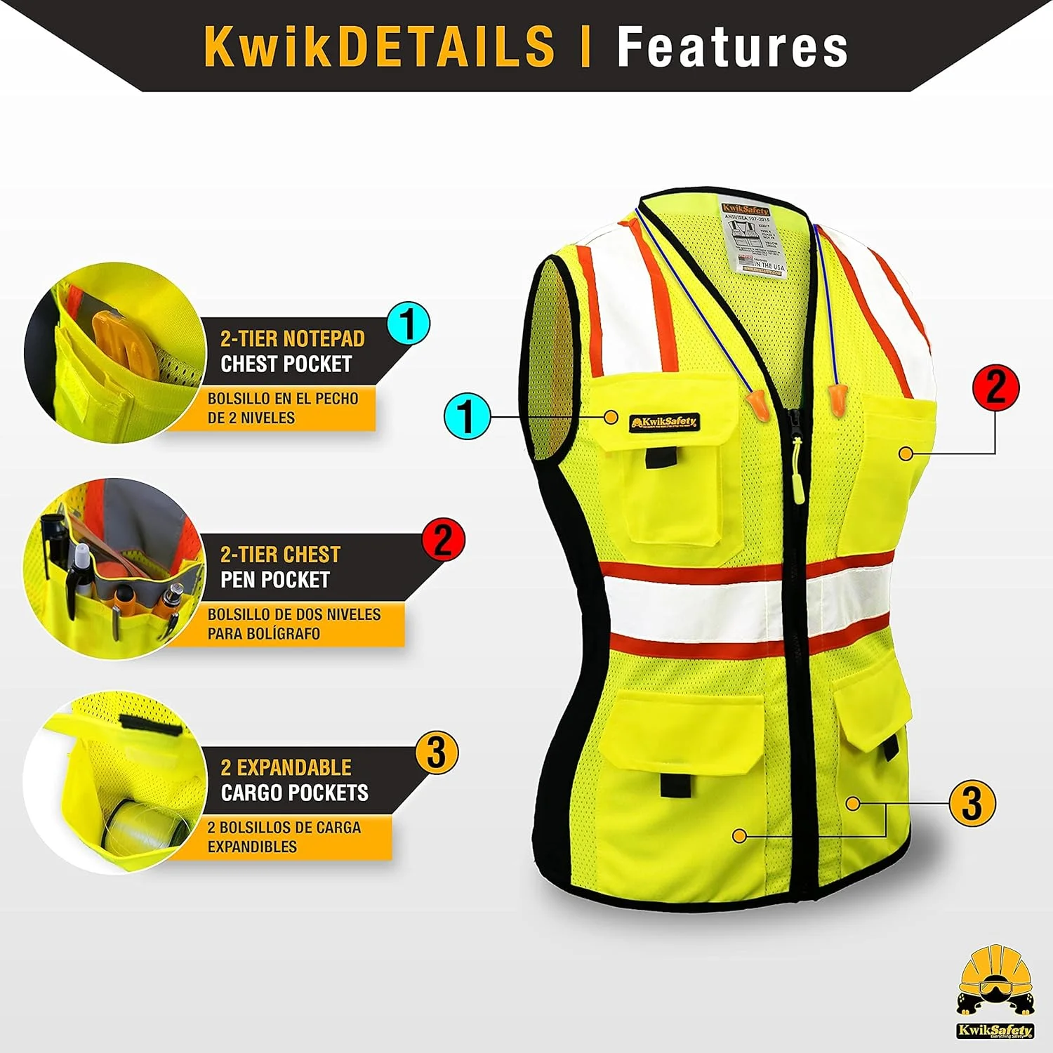جلیقه ایمنی زنانه KwikSafety (Charlotte, NC) FIRST LADY (کمر کشی) توری HiViz کلاس 2 مطابق با ANSI و OSHA