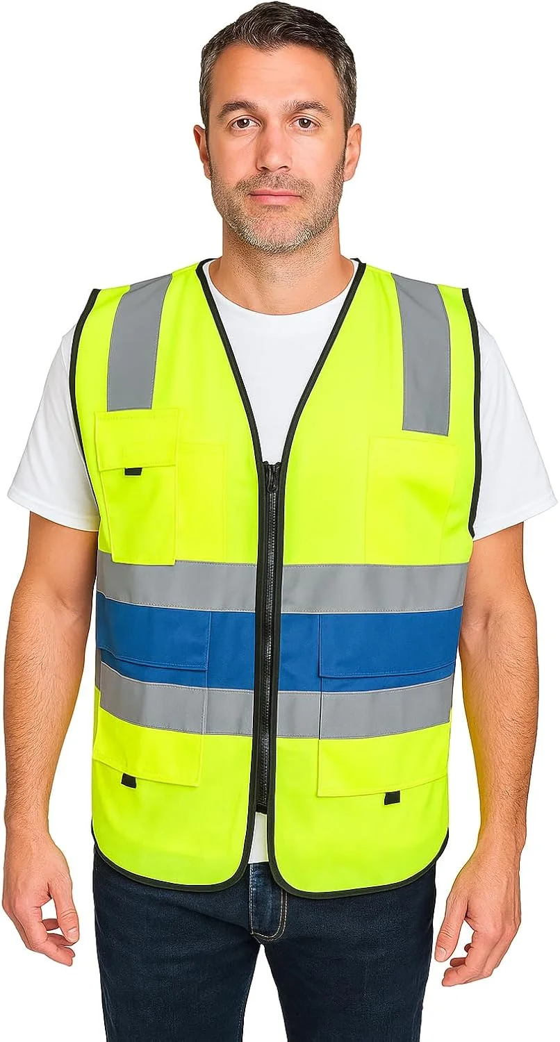 جلیقه ایمنی دید بالا - زرد/آبی، نوار بازتابنده، زیپ جلو، جلیقه کار چند جیبی برای ساخت و ساز، ترافیک، نقشه برداران، انبار