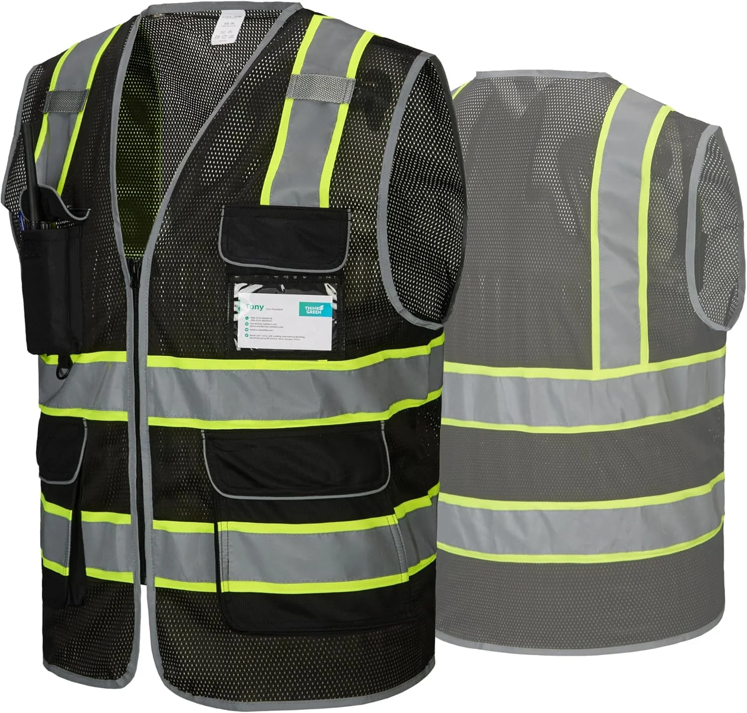 جلیقه ایمنی مشکی COOLJOB با 9 جیب چند منظوره و زیپ جلو، مناسب برای آقایان و بانوان، مطابق با استانداردهای ANSI/ISEA