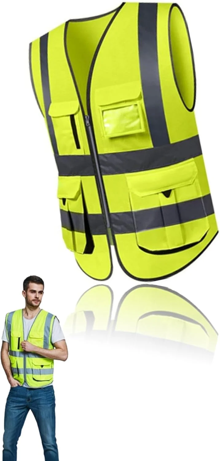 جلیقه ایمنی بازتابنده با جیب های متعدد برای دید در روز و شب، لباس کار ایمنی برای ساخت و ساز، موتورسواری، دوچرخه سواری و موارد دیگر (1 عدد، XL)