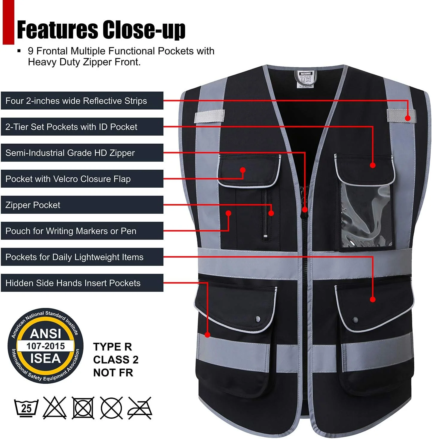 جلیقه ایمنی بازتابنده کلاس 2 HATAUNKI، 9 جیب چند منظوره و زیپ جلویی، زرد، ANSI/ISEA 107-2015