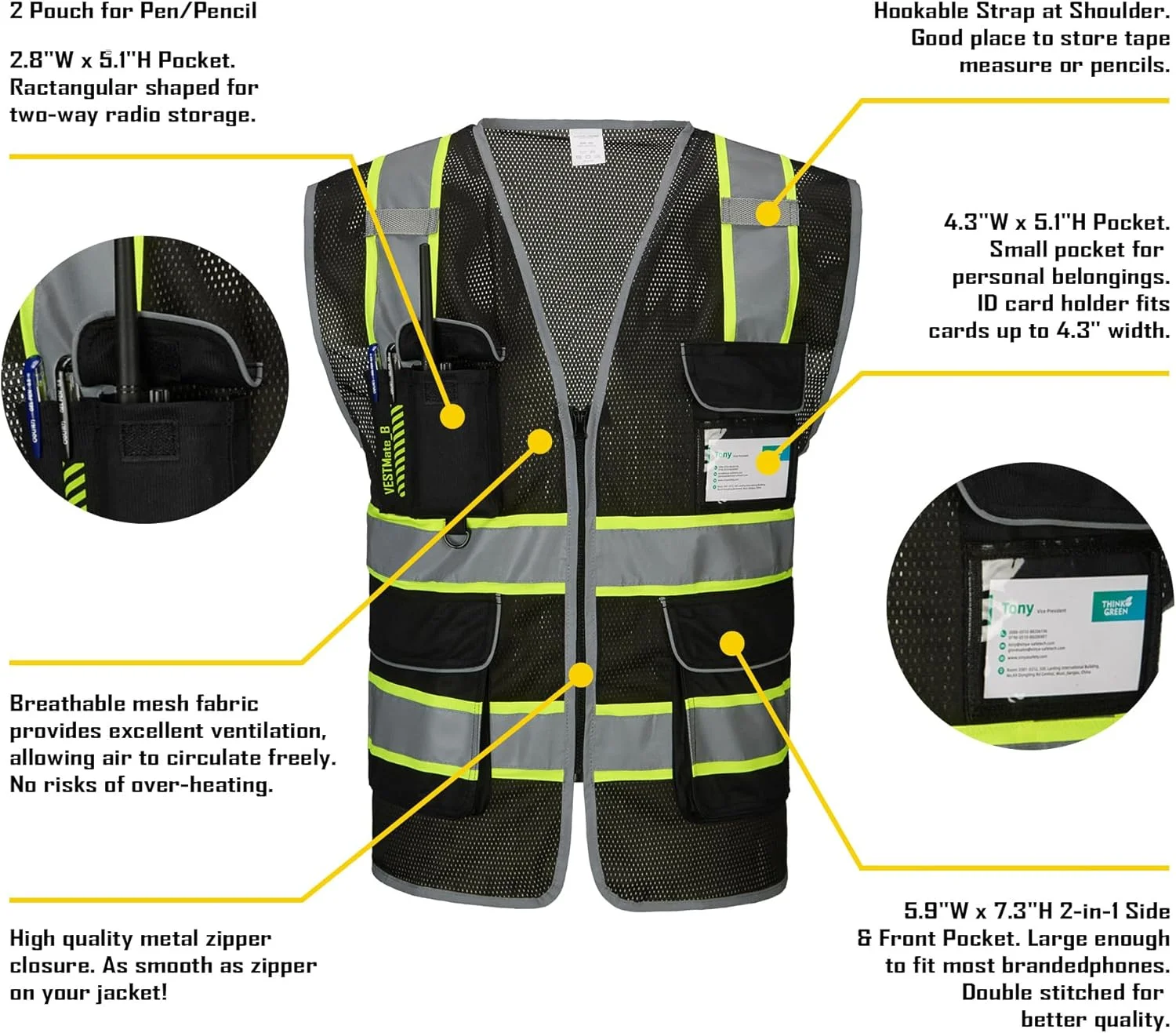 جلیقه ایمنی مشکی COOLJOB با 9 جیب چند منظوره و زیپ جلو، مناسب برای آقایان و بانوان، مطابق با استانداردهای ANSI/ISEA