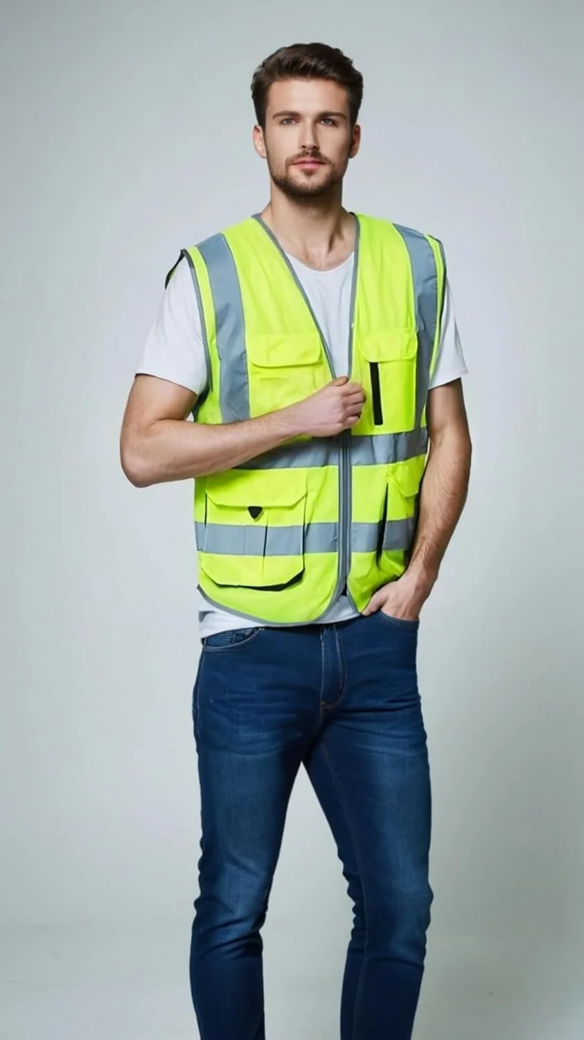 جلیقه ایمنی بازتابنده با جیب های متعدد برای دید در روز و شب، لباس کار ایمنی برای ساخت و ساز، موتورسواری، دوچرخه سواری و موارد دیگر (1 عدد، XL)