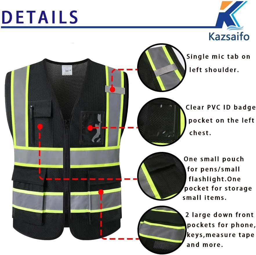 جلیقه ایمنی بازتابنده Kazsaifo برای مردان و زنان، جلیقه ساختمانی دید بالا با جیب، مطابق با استانداردهای ANSI/ISEA