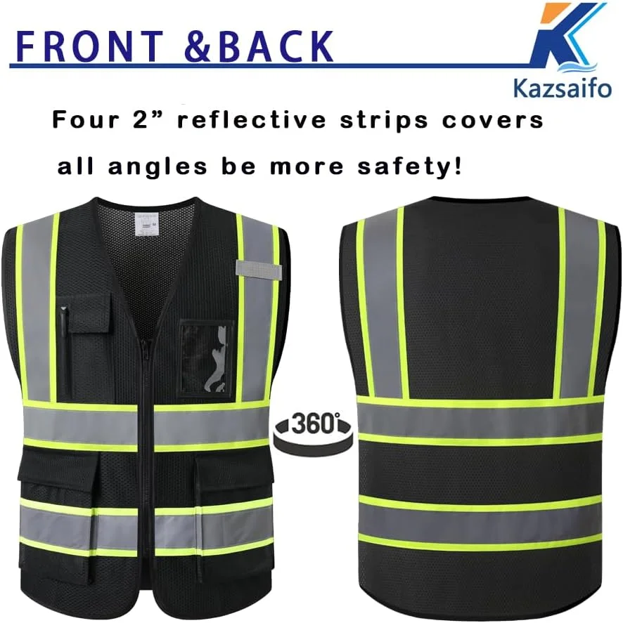 جلیقه ایمنی بازتابنده Kazsaifo برای مردان و زنان، جلیقه ساختمانی دید بالا با جیب، مطابق با استانداردهای ANSI/ISEA