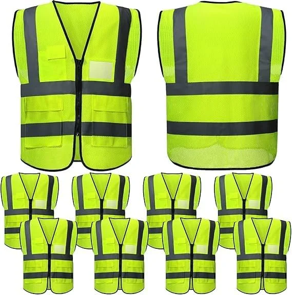 ROJZR 10 Pack Reflective Safety Vests with Pockets and Zipper High Visibility Mesh Vests for Men and Women Ideal for Construction Security Sports and Outdoor Activities, One Size