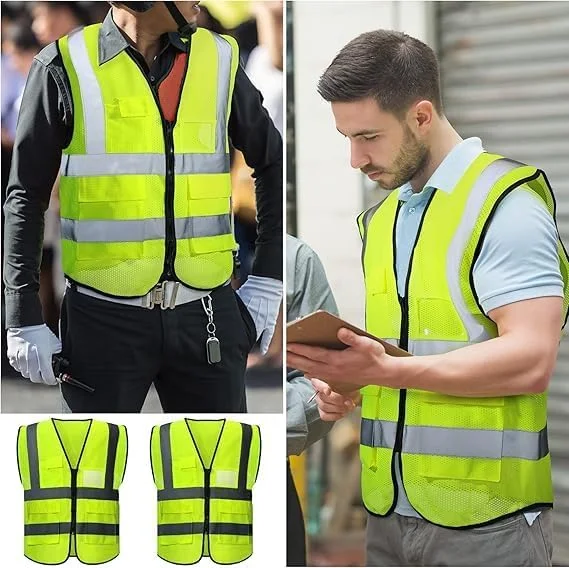 ROJZR 10 Pack Reflective Safety Vests with Pockets and Zipper High Visibility Mesh Vests for Men and Women Ideal for Construction Security Sports and Outdoor Activities, One Size