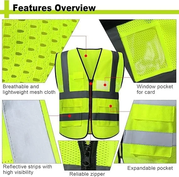 ROJZR 10 Pack Reflective Safety Vests with Pockets and Zipper High Visibility Mesh Vests for Men and Women Ideal for Construction Security Sports and Outdoor Activities, One Size