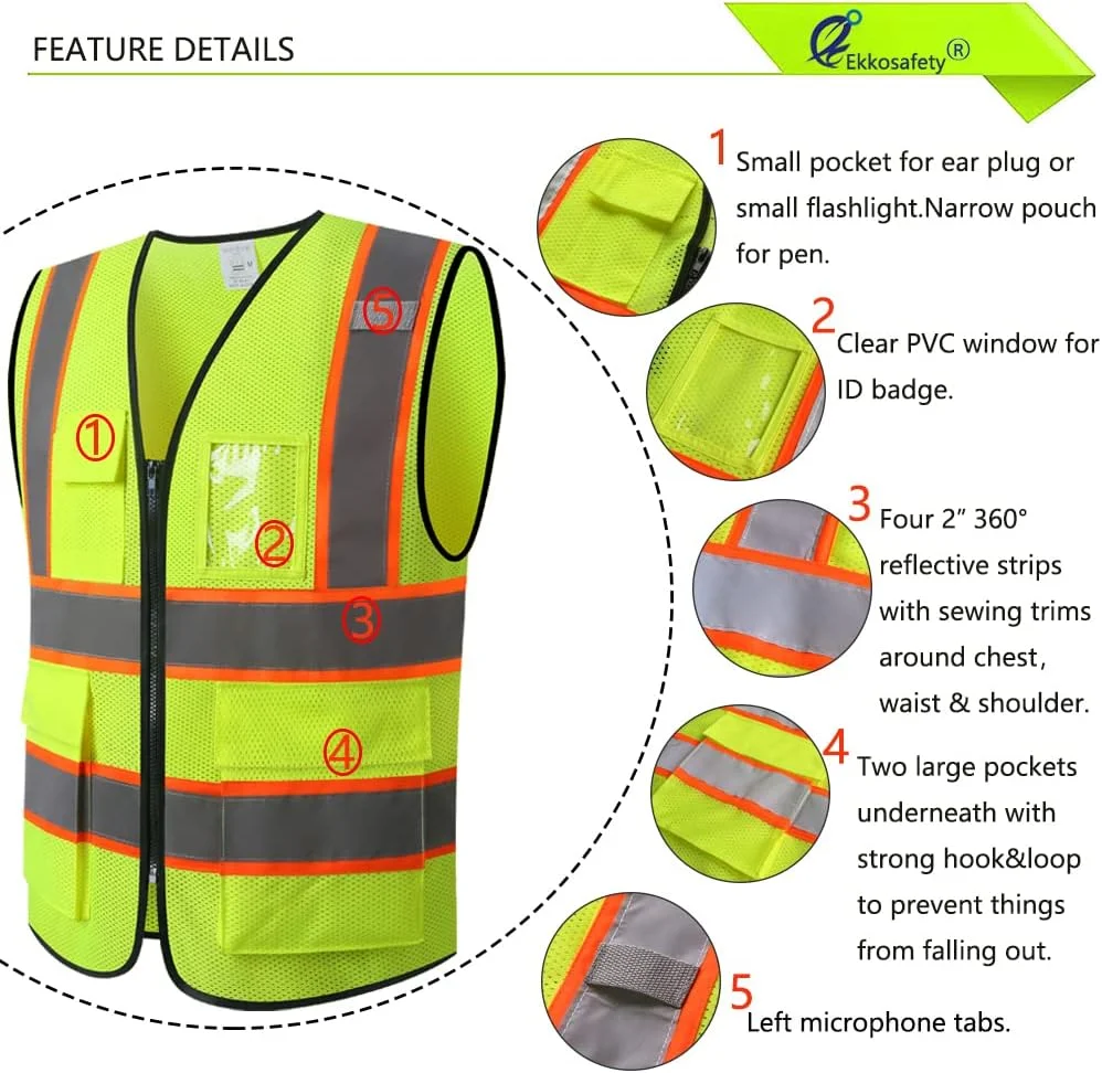 جلیقه ایمنی توری دید بالا Ekkosafety برای مردان و زنان مطابق با استاندارد ANSI