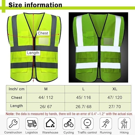 ROJZR 10 Pack Reflective Safety Vests with Pockets and Zipper High Visibility Mesh Vests for Men and Women Ideal for Construction Security Sports and Outdoor Activities, One Size