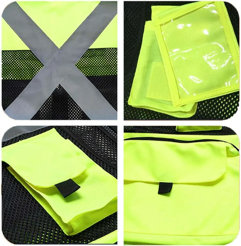 جلیقه ایمنی بازتابنده دید بالا، جلیقه های امنیتی جیب زیپی با آستر توری و تنفس پذیر (L)