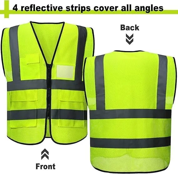 ROJZR 10 Pack Reflective Safety Vests with Pockets and Zipper High Visibility Mesh Vests for Men and Women Ideal for Construction Security Sports and Outdoor Activities, One Size
