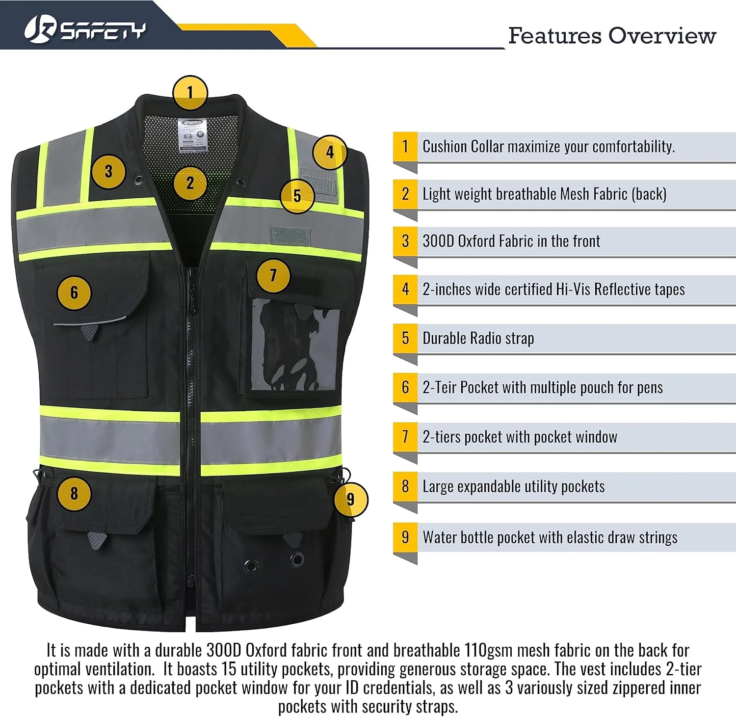 جلیقه ایمنی مهندسی دید بالا JKSafety، مناسب برای آقایان و بانوان، مقاوم و دارای جیب های داخلی، تجهیزات حفاظت فردی مطابق با استاندارد ANSI/ISEA