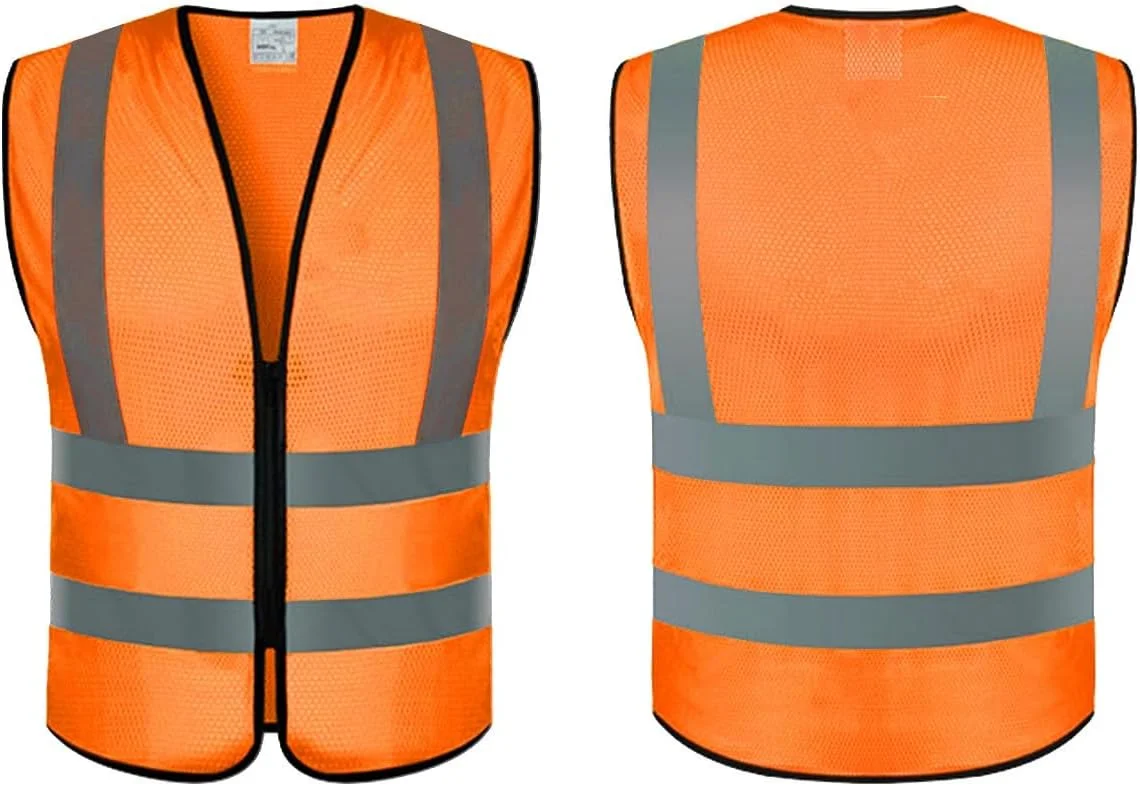 جلیقه ایمنی دید بالا - ژاکت توری بازتابنده با زیپ و بست صدف، مطابق با استاندارد، سبک وزن و تنفس پذیر برای ساخت و ساز، کار جاده، دوچرخه سواری، دویدن