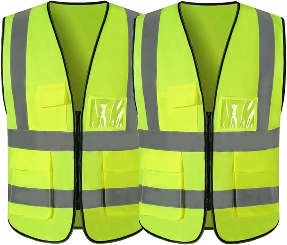 ECVV 2 عدد جلیقه ایمنی بازتابنده رنگ نئون روشن با نوارهای بازتابنده 2 اینچی با جیب - زیپ جلو سایز متوسط ​​سایز آزاد (2)