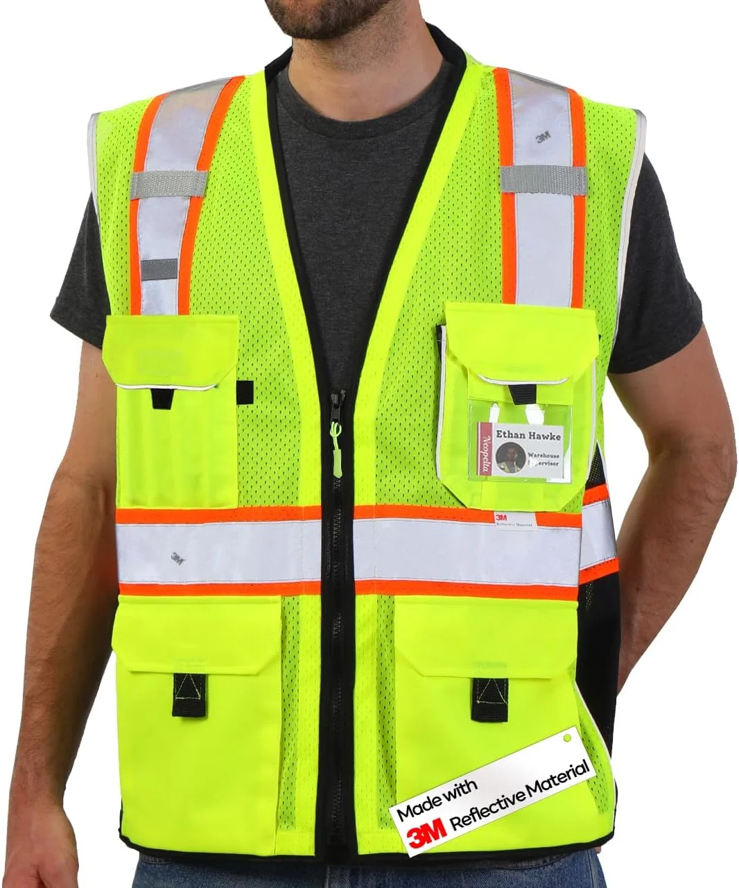 جلیقه ایمنی بازتابنده Neopelta، توری زرد، جلیقه دید بالا ساخته شده با نوار 3M، جلیقه سنگین با جیب و زیپ