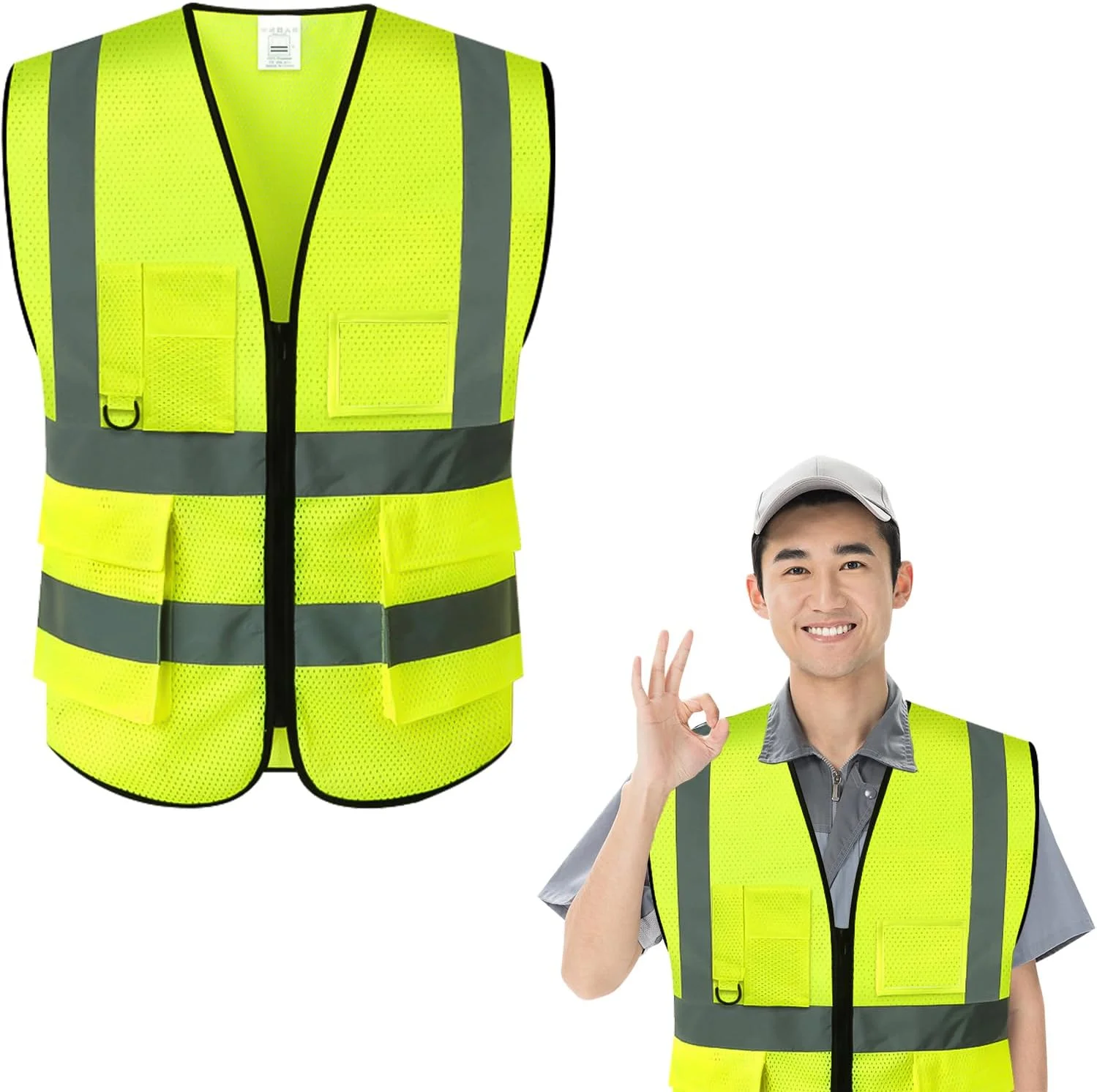 جلیقه ایمنی بازتابنده با جیب و زیپ، جلیقه ساختمانی دید بالا برای مردان و زنان، جلیقه کار نئون تنفسی برای مردان و زنان، کار، ساخت و ساز، دوچرخه سواری، دویدن، نقشه برداری، داوطلبانه