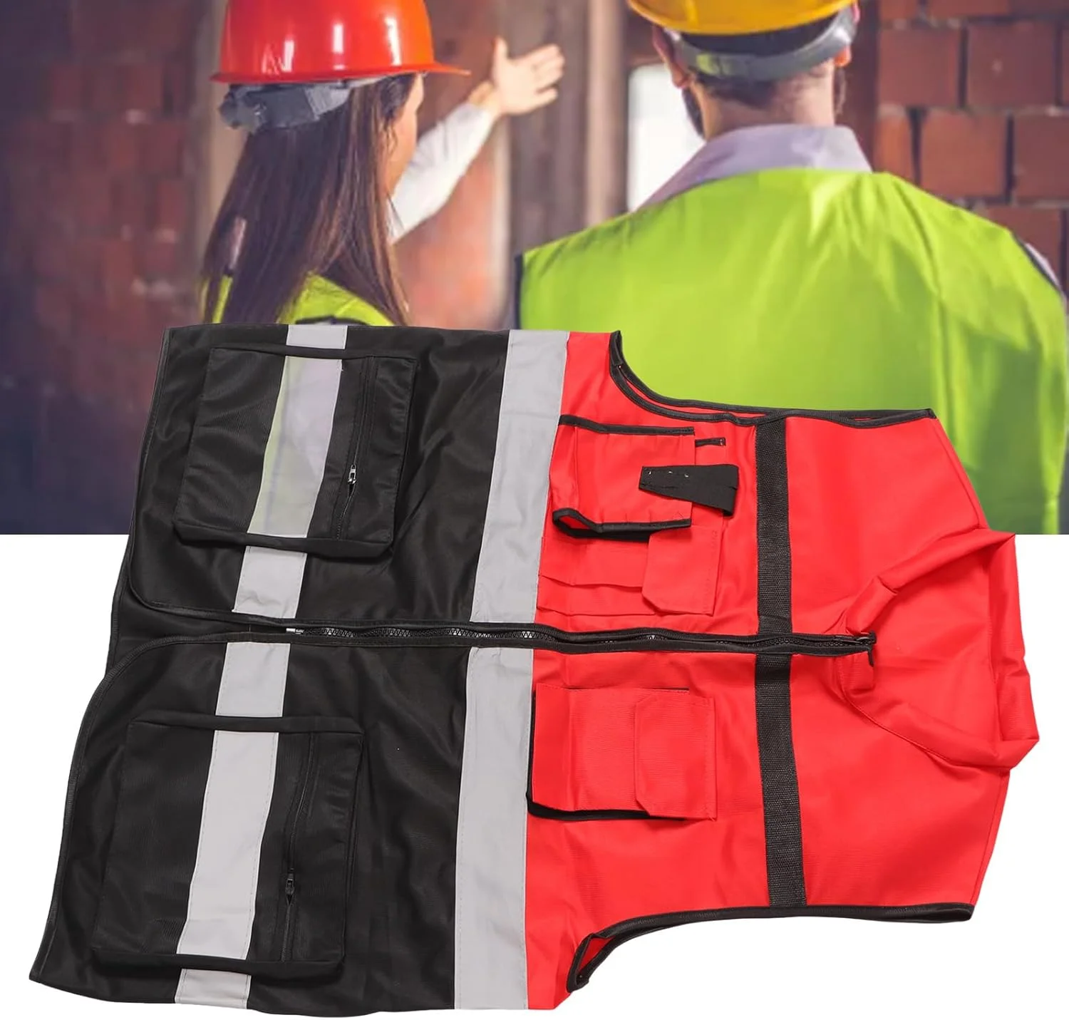 جلیقه کار بازتابنده ایمنی داوز، جلیقه کار ساختمانی دید بالا با رنگ قرمز و مشکی و جیب های متعدد برای معدنچیان و کارخانه