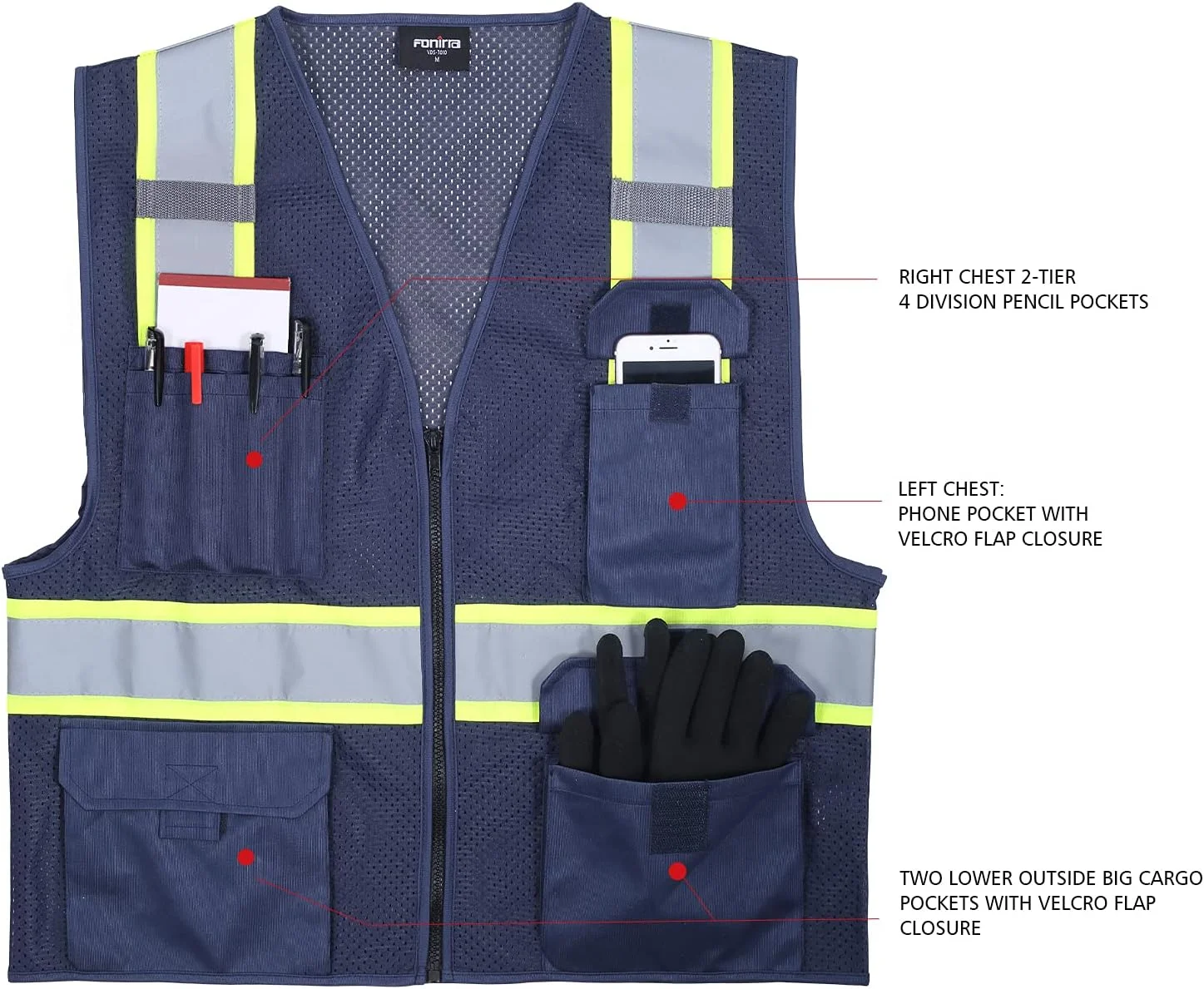 FONIRRA بسته 2 عددی جلیقه ایمنی توری دید بالا برای مردان، استاندارد ANSI کلاس 2، جلیقه کار بازتابنده دید بالا با جیب و زیپ