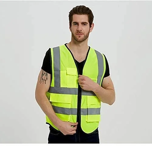 ECVV 2 عدد جلیقه ایمنی بازتابنده رنگ نئون روشن با نوارهای بازتابنده 2 اینچی با جیب - زیپ جلو سایز متوسط ​​سایز آزاد (2)