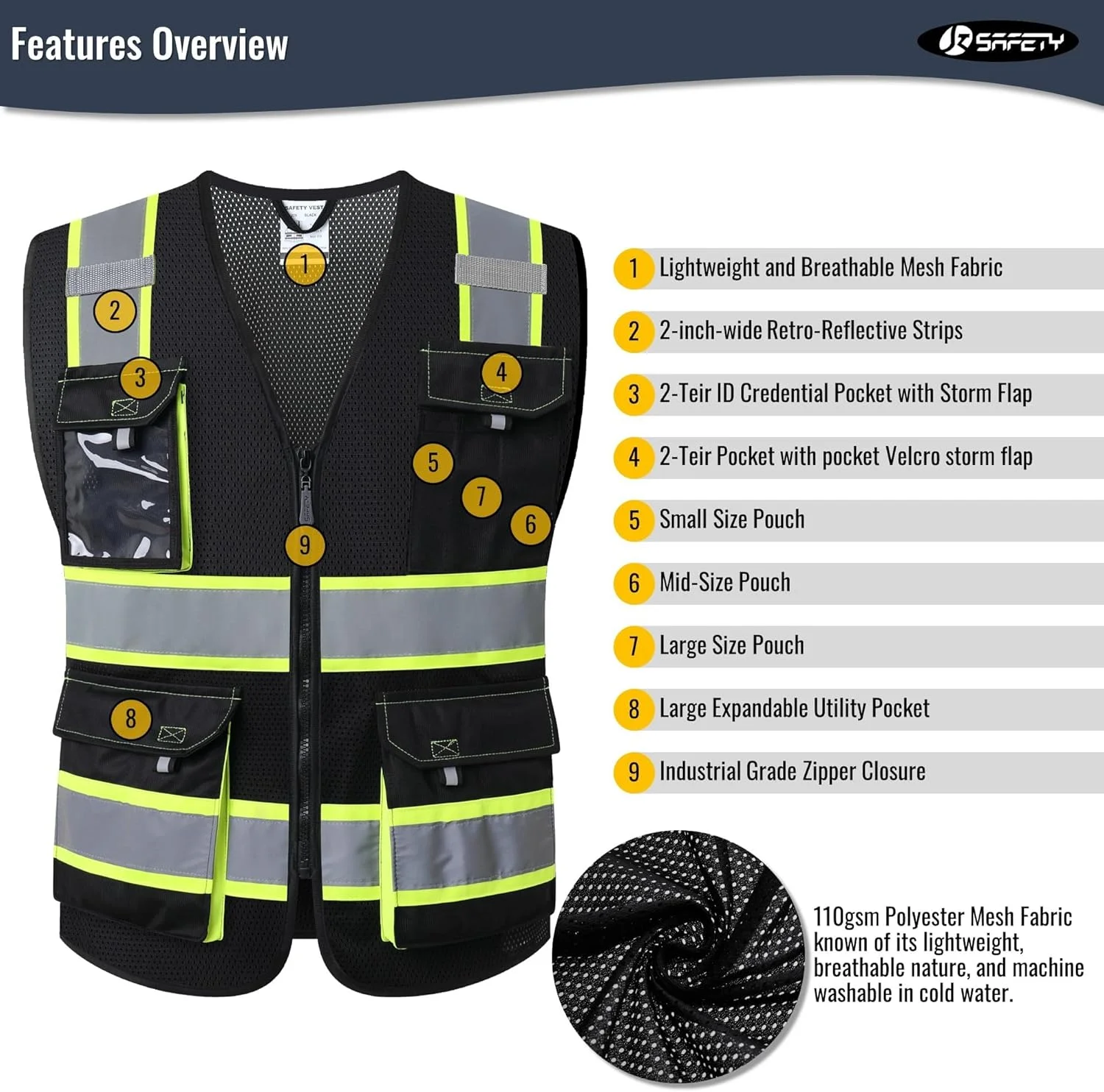 جلیقه ایمنی دید بالا چند جیبه بزرگسال JKSafety مدل Jk220-ac080510