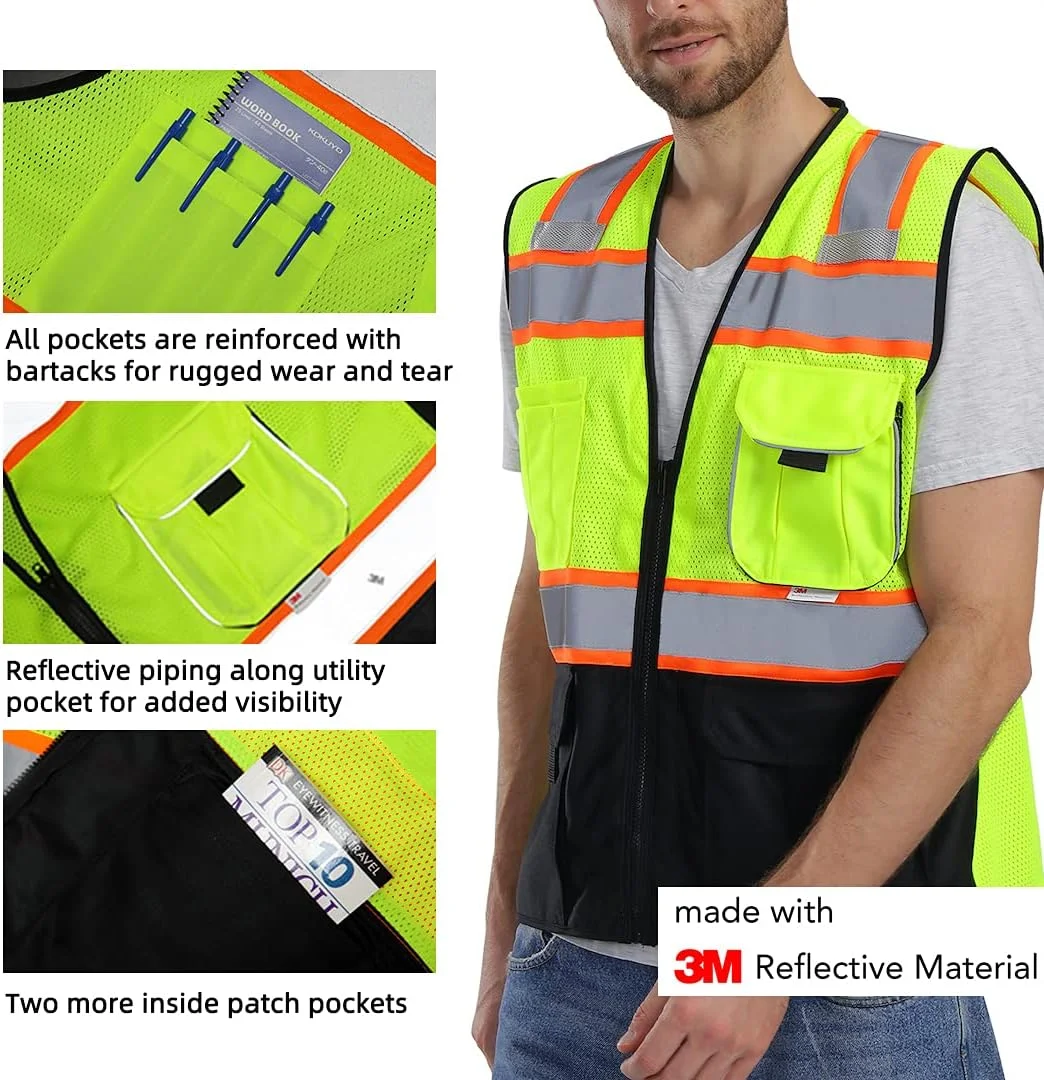 جلیقه ایمنی توری بازتابنده Dib با جیب و زیپ، ساخته شده با نوار بازتابنده 3M، زرد و مشکی