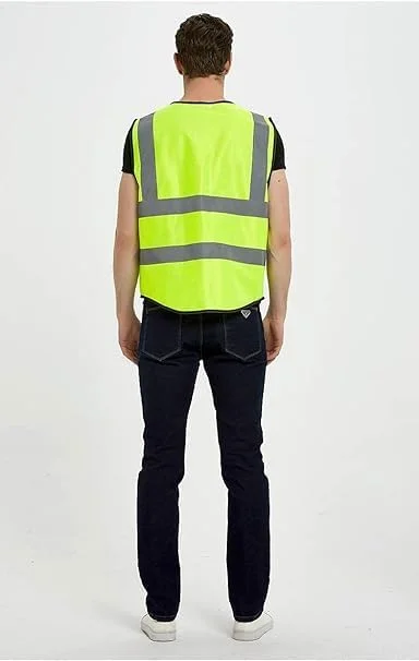 ECVV 2 عدد جلیقه ایمنی بازتابنده رنگ نئون روشن با نوارهای بازتابنده 2 اینچی با جیب - زیپ جلو سایز متوسط ​​سایز آزاد (2)