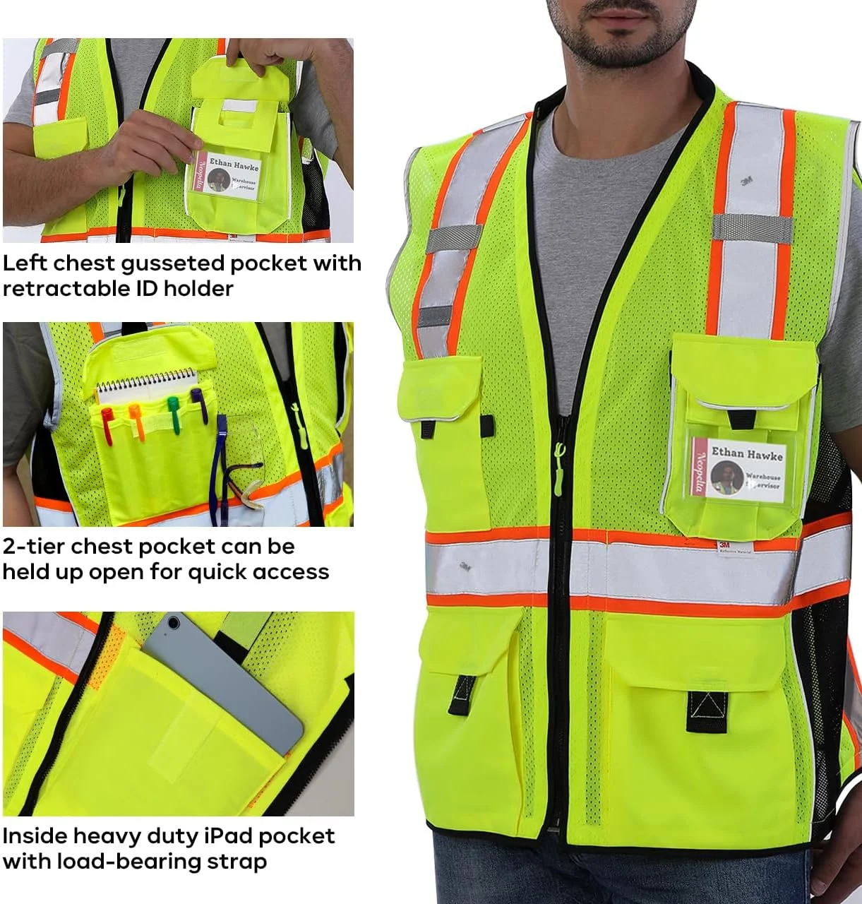 جلیقه ایمنی بازتابنده Neopelta، توری زرد، جلیقه دید بالا ساخته شده با نوار 3M، جلیقه سنگین با جیب و زیپ