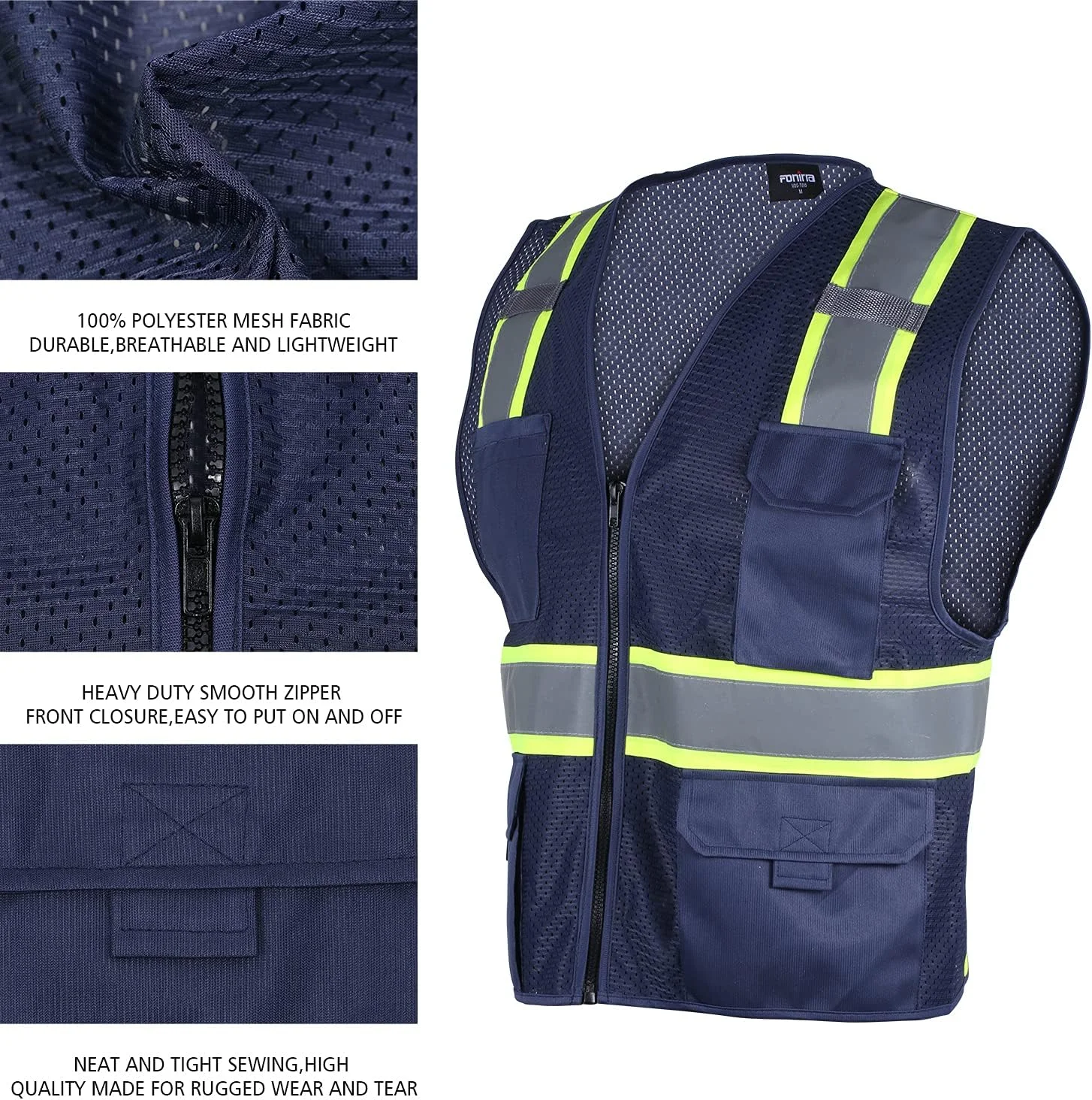 FONIRRA بسته 2 عددی جلیقه ایمنی توری دید بالا برای مردان، استاندارد ANSI کلاس 2، جلیقه کار بازتابنده دید بالا با جیب و زیپ