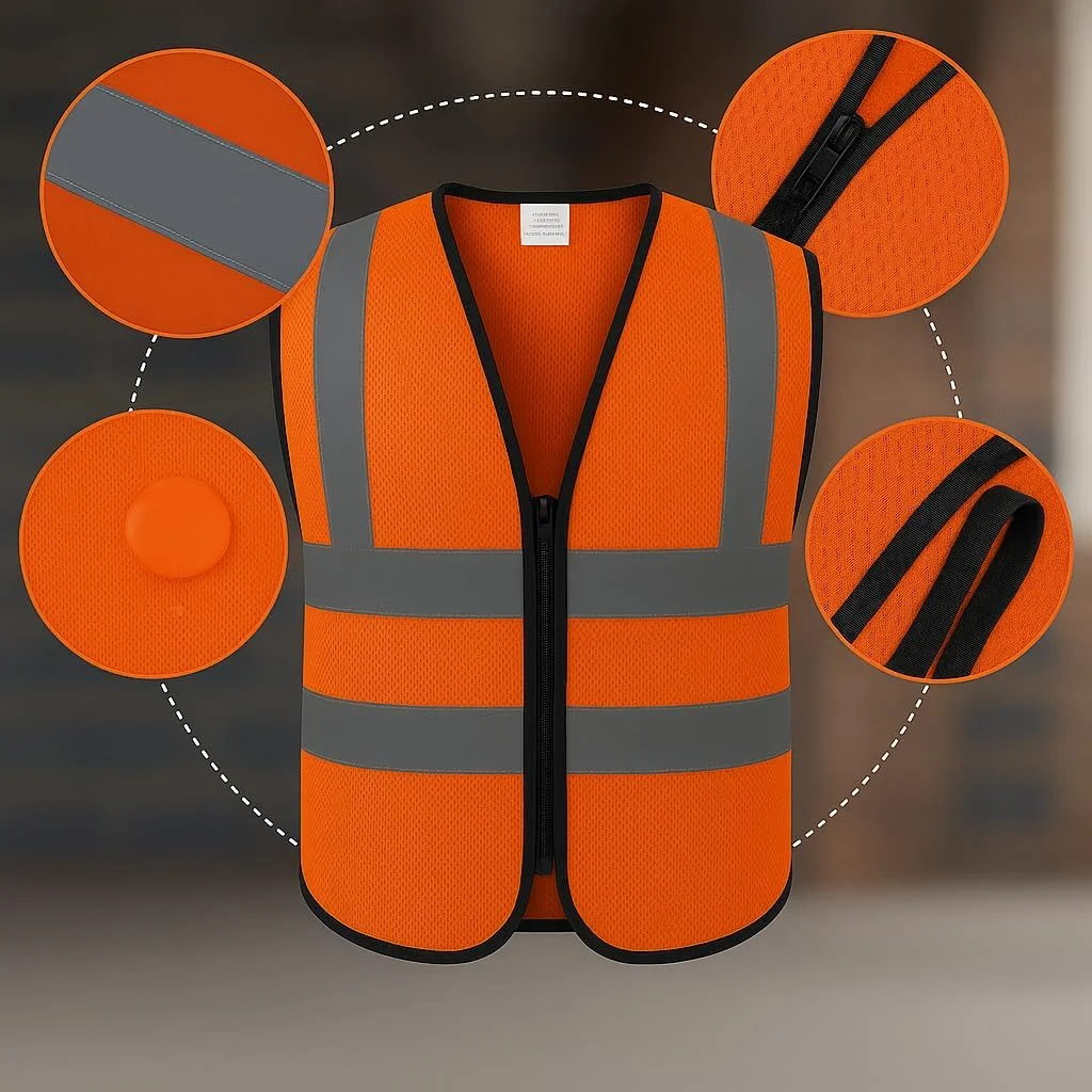 جلیقه ایمنی دید بالا - ژاکت توری بازتابنده با زیپ و بست صدف، مطابق با استاندارد، سبک وزن و تنفس پذیر برای ساخت و ساز، کار جاده، دوچرخه سواری، دویدن