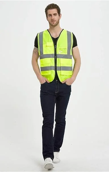 ECVV 2 عدد جلیقه ایمنی بازتابنده رنگ نئون روشن با نوارهای بازتابنده 2 اینچی با جیب - زیپ جلو سایز متوسط ​​سایز آزاد (2)