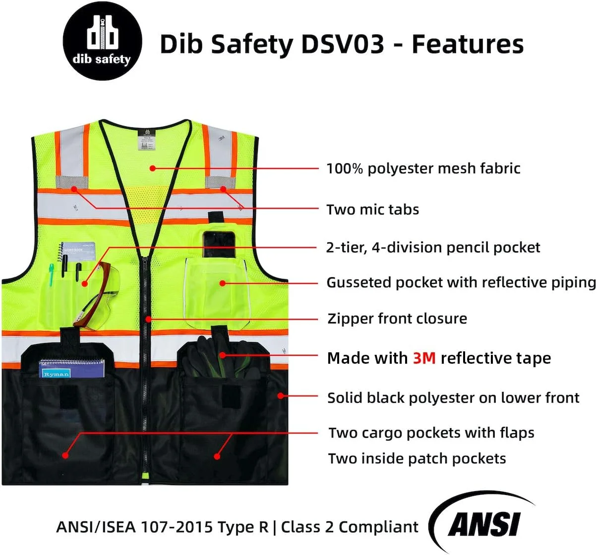 جلیقه ایمنی توری بازتابنده Dib با جیب و زیپ، ساخته شده با نوار بازتابنده 3M، زرد و مشکی