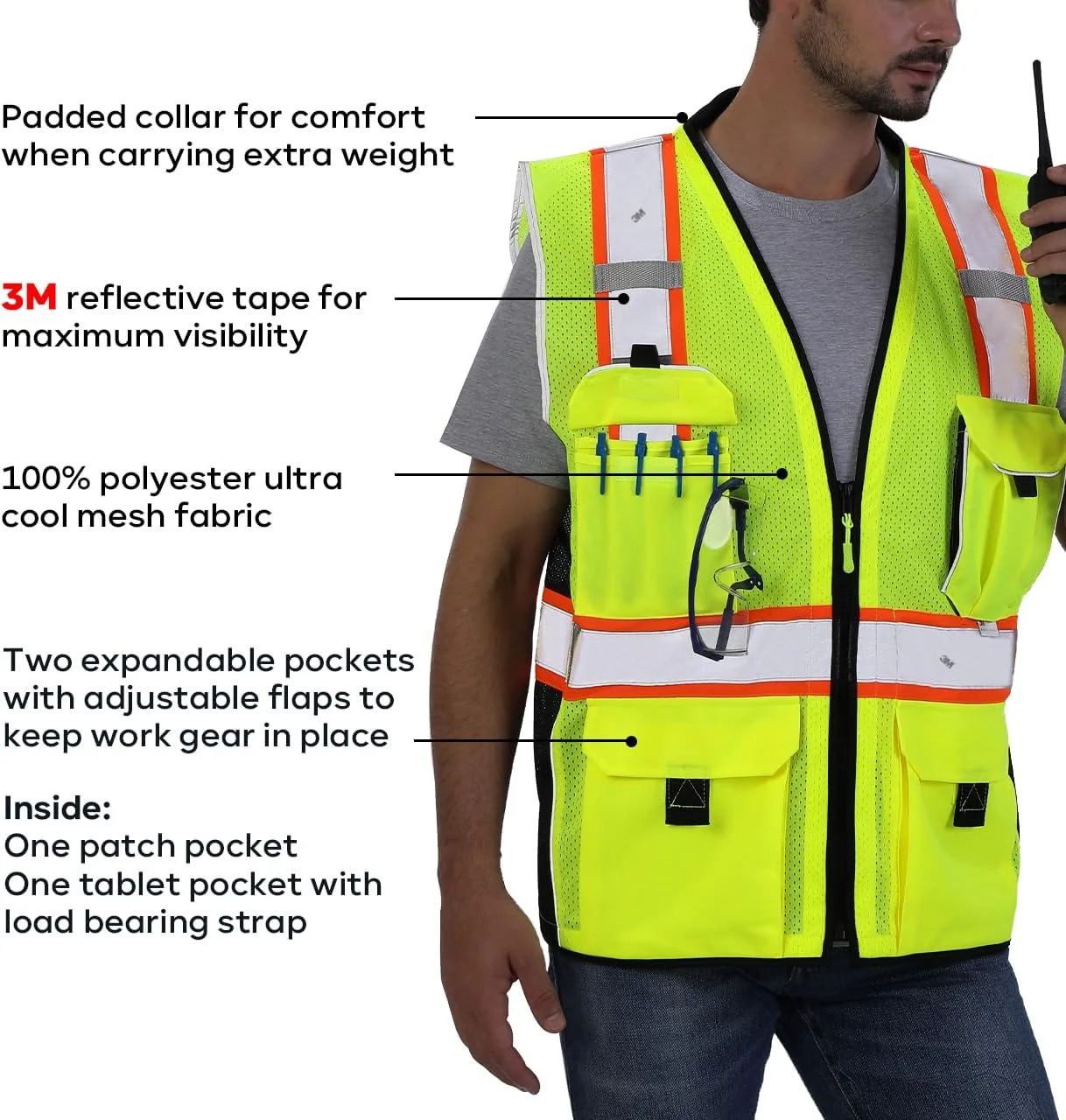 جلیقه ایمنی بازتابنده Neopelta، توری زرد، جلیقه دید بالا ساخته شده با نوار 3M، جلیقه سنگین با جیب و زیپ