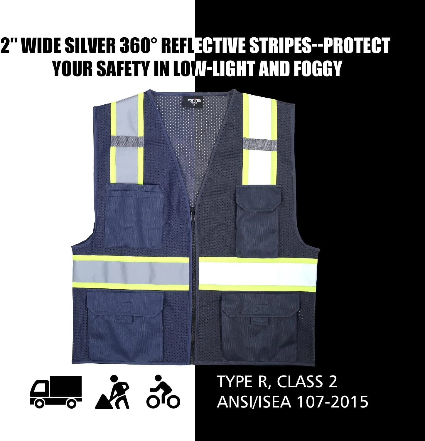 FONIRRA بسته 2 عددی جلیقه ایمنی توری دید بالا برای مردان، استاندارد ANSI کلاس 2، جلیقه کار بازتابنده دید بالا با جیب و زیپ