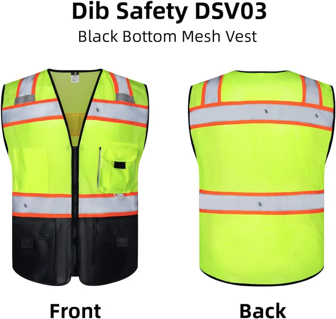 جلیقه ایمنی توری بازتابنده Dib با جیب و زیپ، ساخته شده با نوار بازتابنده 3M، زرد و مشکی