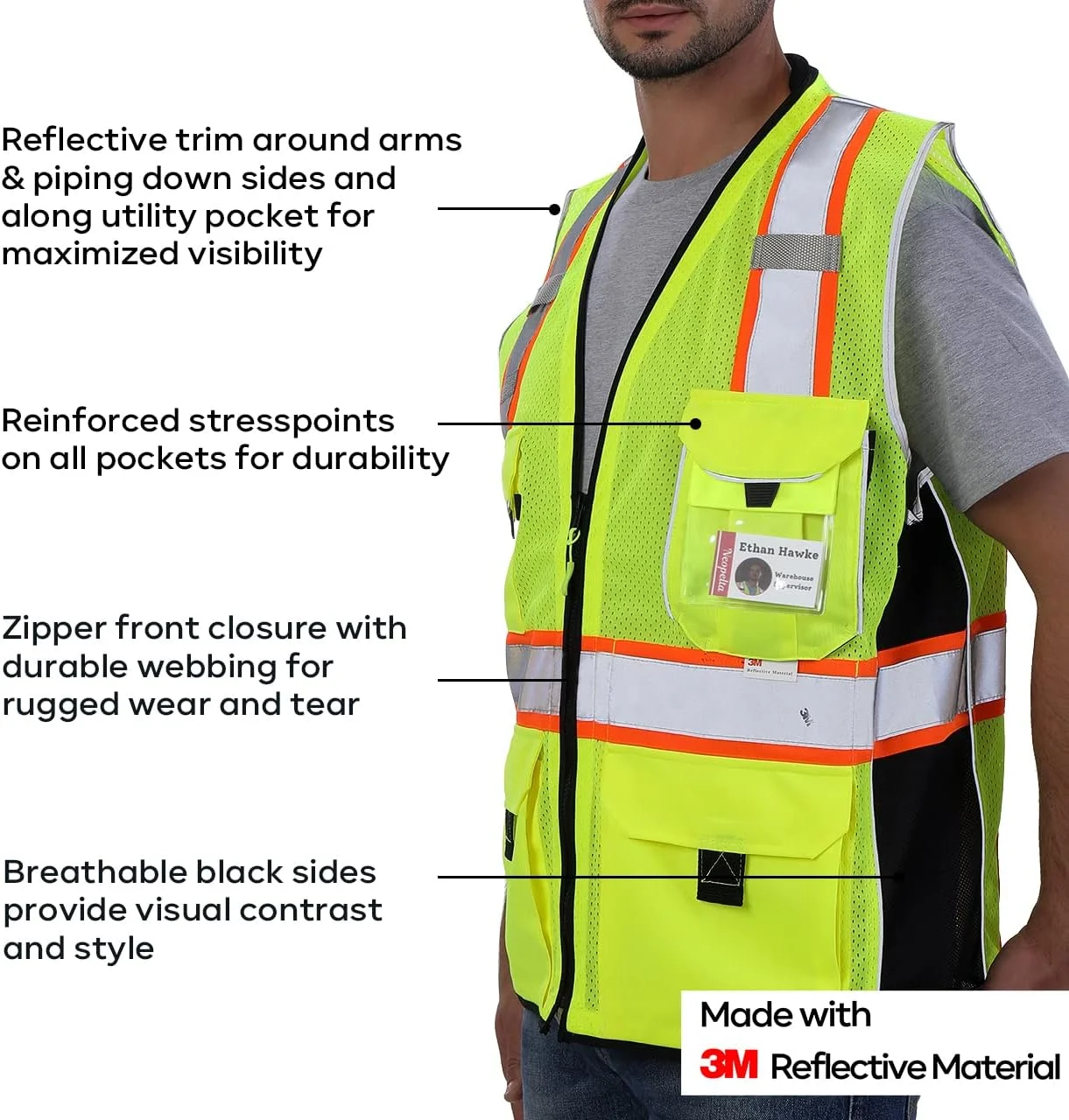 جلیقه ایمنی بازتابنده Neopelta، توری زرد، جلیقه دید بالا ساخته شده با نوار 3M، جلیقه سنگین با جیب و زیپ