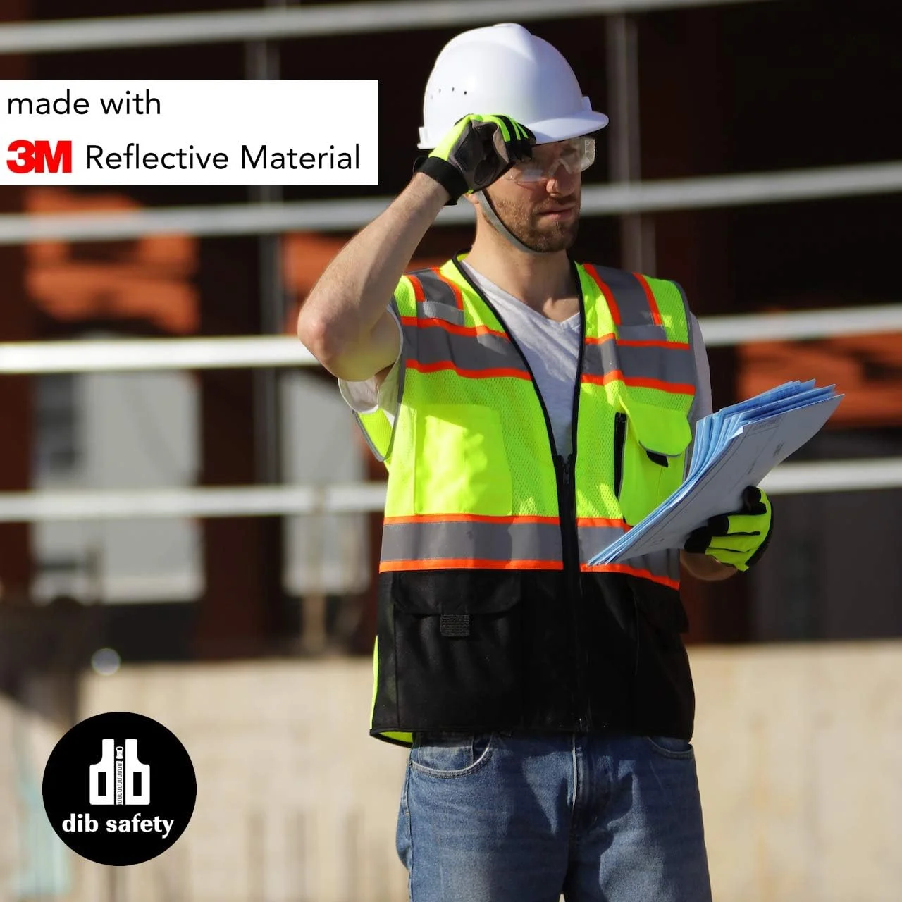 جلیقه ایمنی توری بازتابنده Dib با جیب و زیپ، ساخته شده با نوار بازتابنده 3M، زرد و مشکی