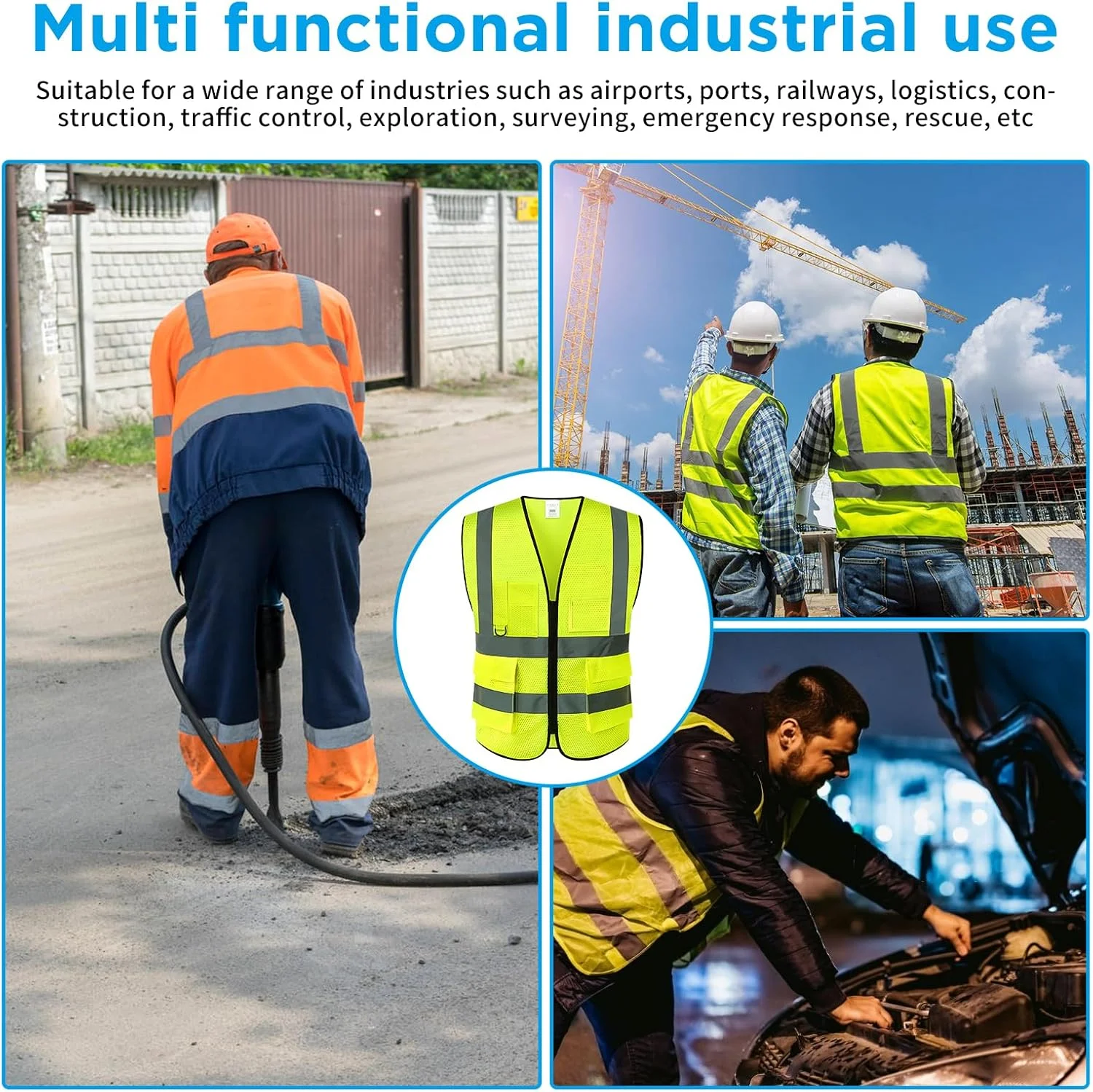 جلیقه ایمنی بازتابنده با جیب و زیپ، جلیقه ساختمانی دید بالا برای مردان و زنان، جلیقه کار نئون تنفسی برای مردان و زنان، کار، ساخت و ساز، دوچرخه سواری، دویدن، نقشه برداری، داوطلبانه