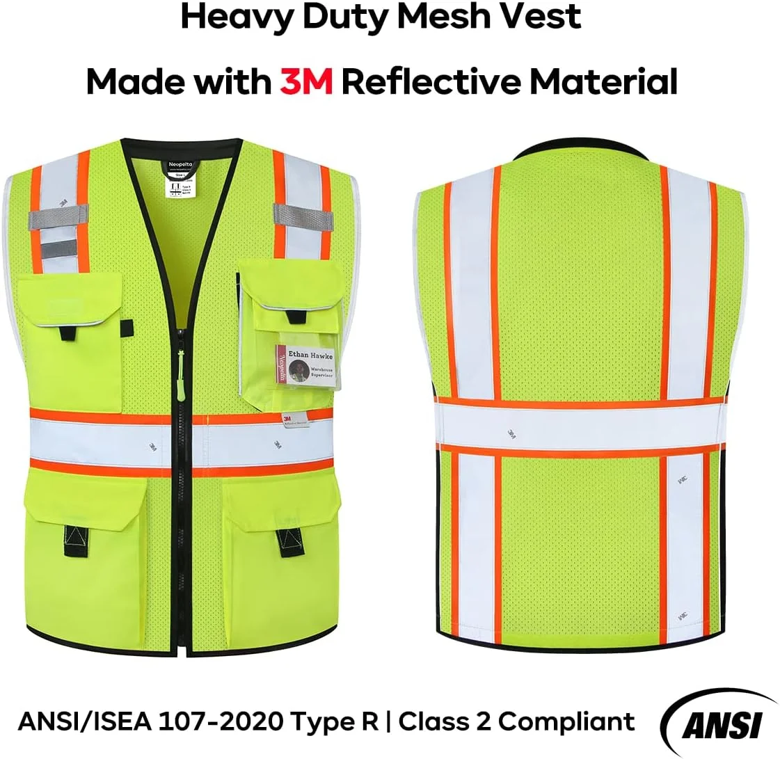 جلیقه ایمنی بازتابنده Neopelta، توری زرد، جلیقه دید بالا ساخته شده با نوار 3M، جلیقه سنگین با جیب و زیپ