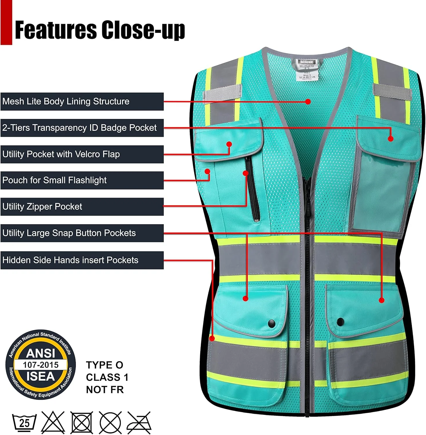 جلیقه ایمنی بازتابنده توری دید بالا HATAUNKI برای زنان، با 8 جیب و زیپ جلو، مطابق با استانداردهای ANSI/ISEA