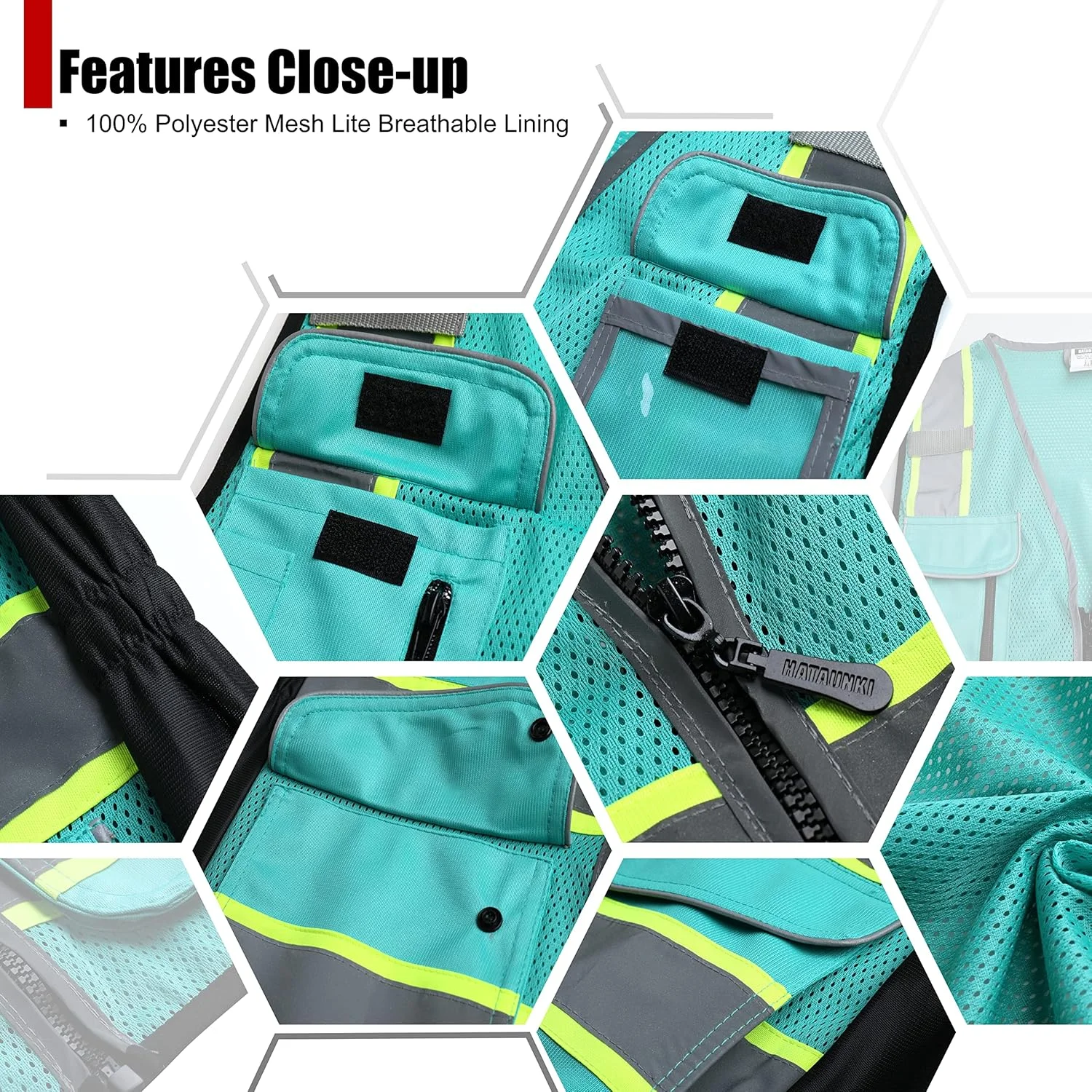 جلیقه ایمنی بازتابنده توری دید بالا HATAUNKI برای زنان، با 8 جیب و زیپ جلو، مطابق با استانداردهای ANSI/ISEA