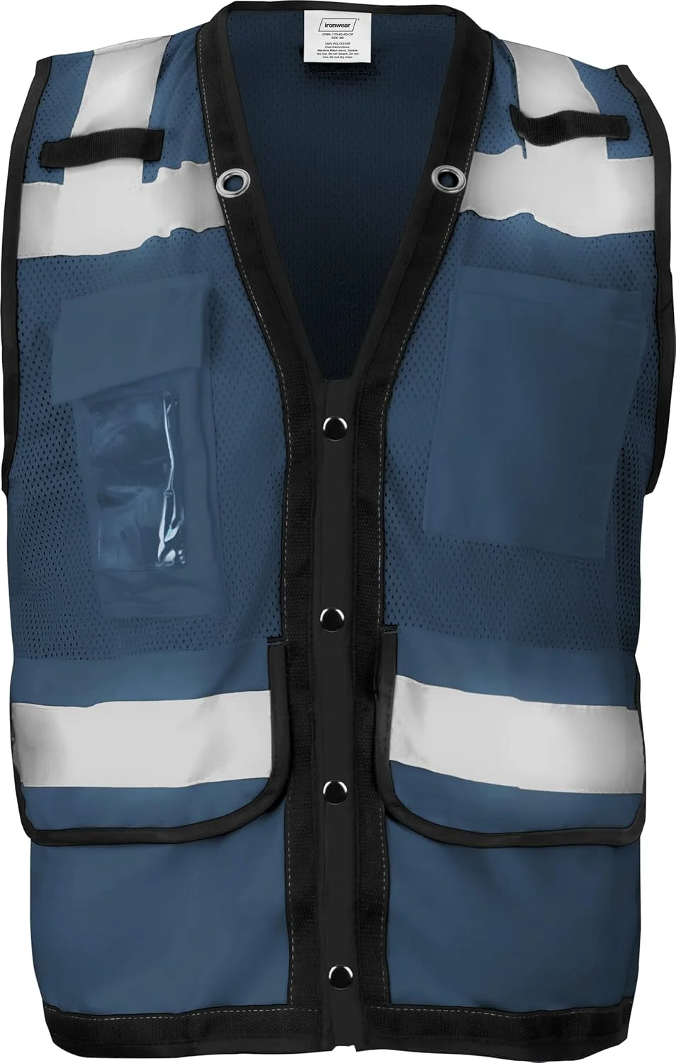 جلیقه ایمنی پلی استر Ironwear 1279-BS-RD-CID-2-MD با دکمه های فشاری، جای کارت شناسایی شفاف و نوار بازتابنده نقره ای 2 اینچی، آبی، سایز متوسط جلیقه ایمنی پلی استر Ironwear 1279-BS-RD-CID-2-MD با دکمه های فشاری، جای کارت شناسایی شفاف و نوار بازتابنده نقره ای 2 اینچی، آبی، سایز متوسط