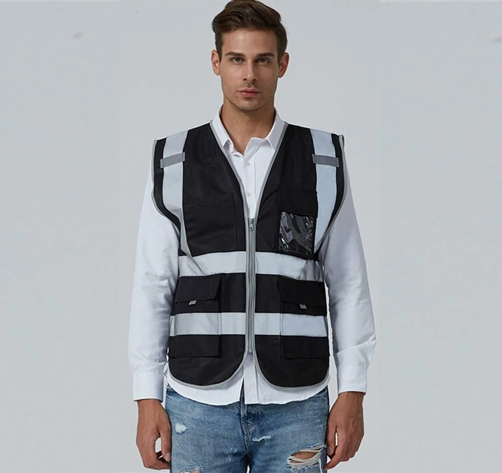 جلیقه ایمنی مشکی دید بالا با جیب و زیپ | جلیقه بازتابنده ساختمانی |