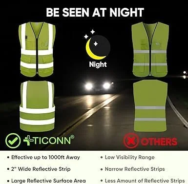 جلیقه ایمنی بازتابنده، جلیقه کار ساختمانی، جلیقه توری دید بالا کلاس II برای زنان و مردان، مطابق با استاندارد ANSI/ISEA (سبز)