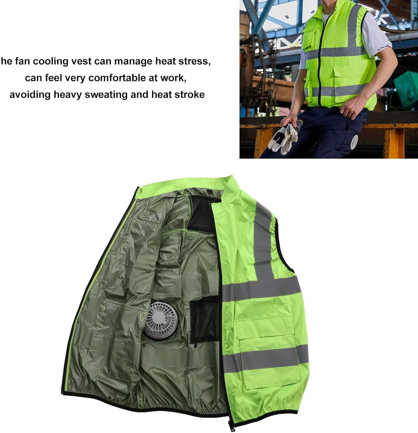 جلیقه خنک کننده BROLEO، جلیقه ایمنی، جلیقه یخی تهویه مطبوع با 2 فن، نوار بازتابنده، جلیقه خنک کننده شخصی برای کار در هوای گرم، دویدن، آشپزی، ماهیگیری